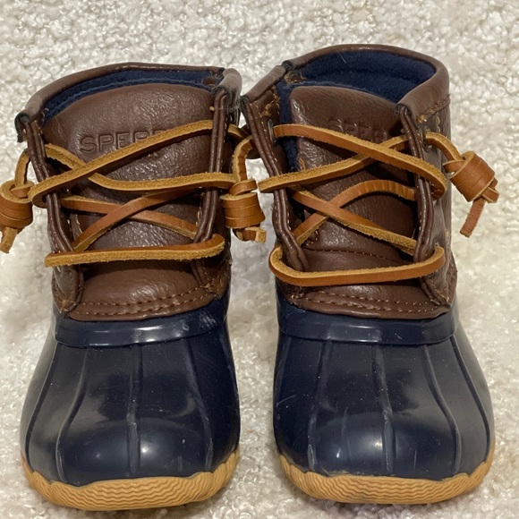 Sperry Saltwater CG55203A Duck Boots, Little Girl's Size 7M Brown/Navy EUC